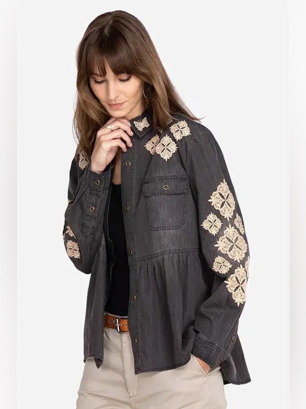 Johnny Was Nichelle Embroidered Washed Black Denim Button Down Shirt XS